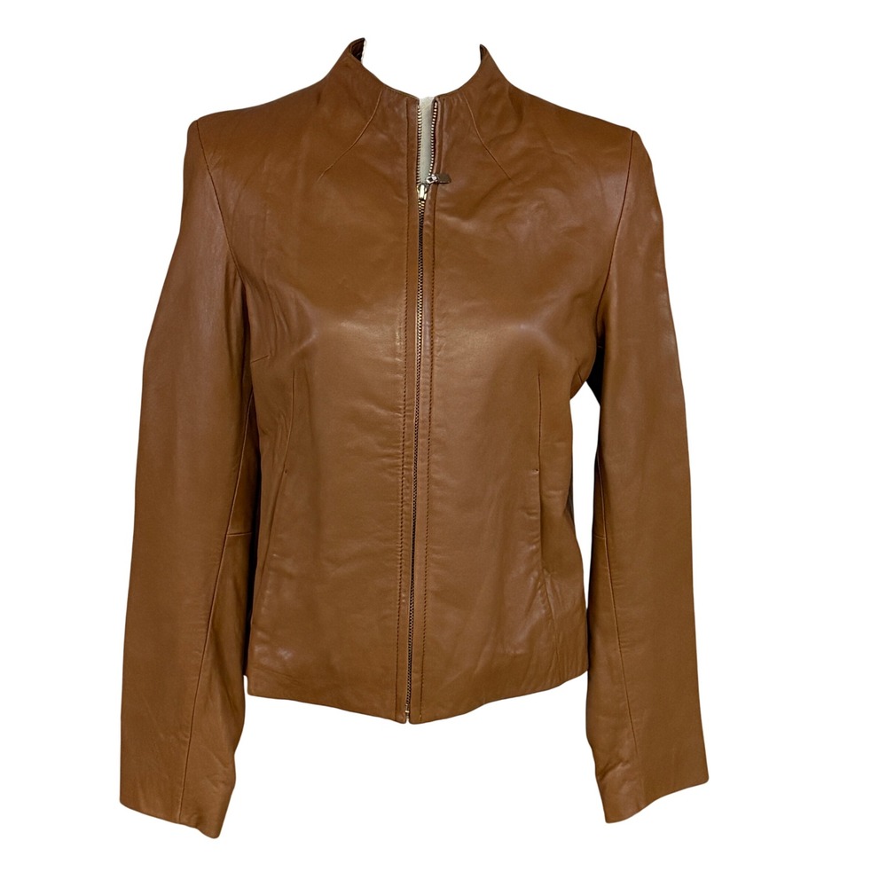 Siena Studio Minimalist Leather Jacket Brown Zip Front Tailored Women's M